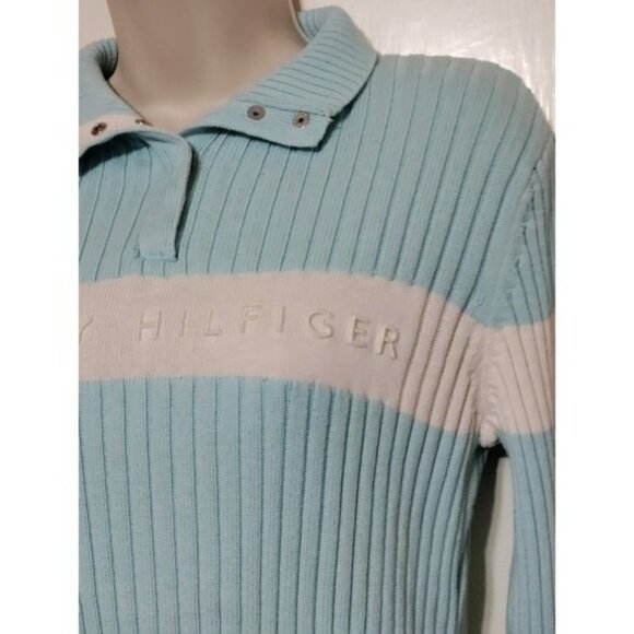 Tommy Hilfiger 1/4 Snap Pullover Sweater Medium Knit Embroidered Spellout Logo - Picture 4 of 9
